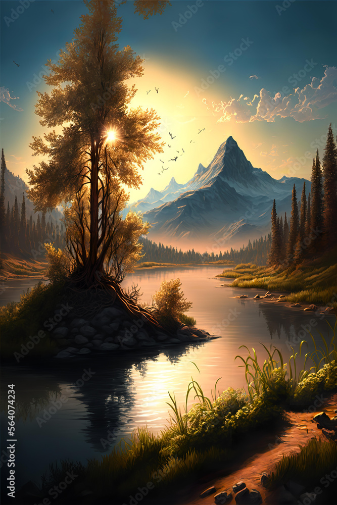 Realistic digital painting of sunset Landscape of nature with river and trees and mountain, AI