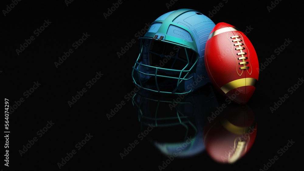 American football Blue helmet and Gold-Red Ball under foggy black laser lighting. 3D illustration. 3D CG. 3D high quality rendering. American football Blue helmet and Gold-Red Ball under foggy black laser lighting. 3D illustration. 3D CG. 3D high quality rendering.
