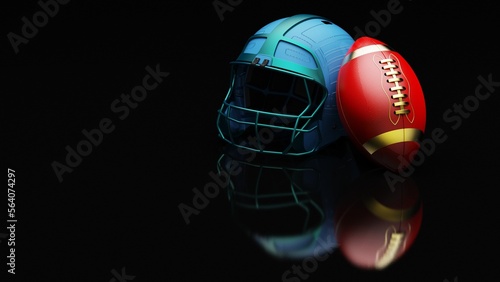 American football Blue helmet and Gold-Red Ball under foggy black laser lighting. 3D illustration. 3D CG. 3D high quality rendering.