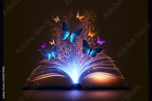 Open magic fantasy book with lights. Generative Ai