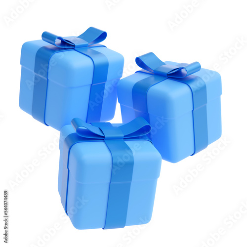 3d illustration. Three blue gift boxes with bows levitate on a white background. 3d render