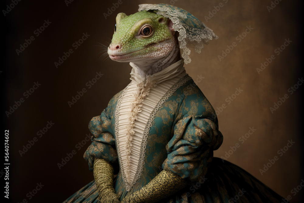 Created with Generative AI technology. portrait of a lizard, gecko in renaissance clothing - obrazy, fototapety, plakaty 