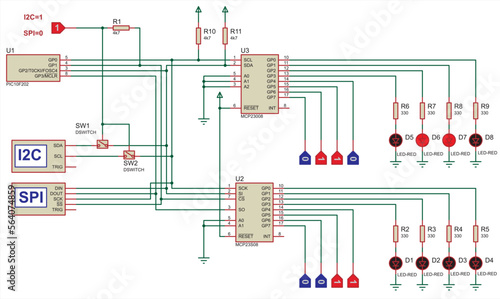 Schematic diagram of electronic device.
Vector drawing electrical circuit with led, button, resistor, 
microcontroller, data transfer interface (i2c and spi)
and other electronic components.