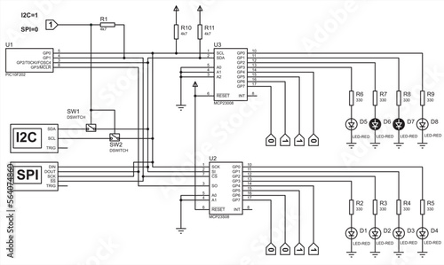 Schematic diagram of electronic device.
Vector drawing electrical circuit with led, button, resistor, 
microcontroller, data transfer interface (i2c and spi)
and other electronic components.