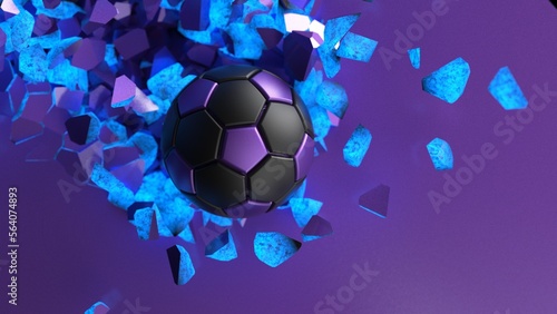 Fototapeta Naklejka Na Ścianę i Meble -  Purple-black soccer ball breaking with great force through purple-blue illuminated wall under spot light background. 3D high quality rendering. 3D illustration. 3D CG.