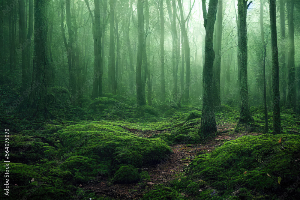 foggy and misty forest landscape