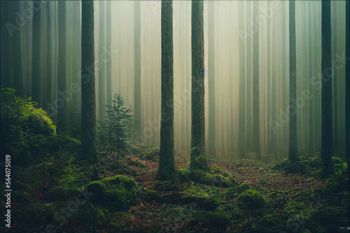 Obraz na plátně foggy and misty forest landscape