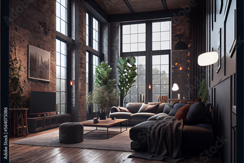 Modern penthouse interior with large windows and brick walls. Modern loft interior. Modern penthouse living room with high ceiling  sofa  empty brown brick wall  concrete floor  wooden cabinet  design
