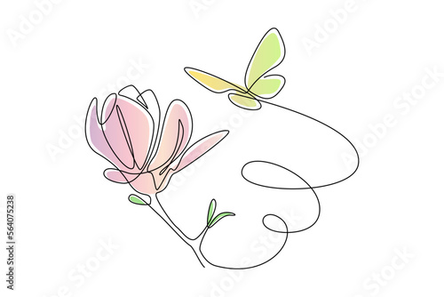 One continuous line drawing of butterfly with flower. Thin curl border and flying wing symbol in simple linear style. Editable stroke. Modern Doodle vector illustration