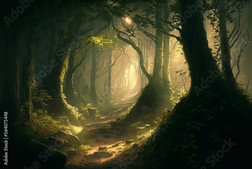 Fantasy early morning forest scene AI Generative 