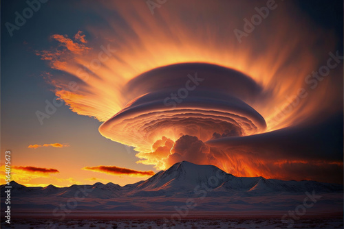 epic scenic sunset sunrise in the lenticular clouds, golden hour orange and red, dramatic, sky replacement landscape photography	
