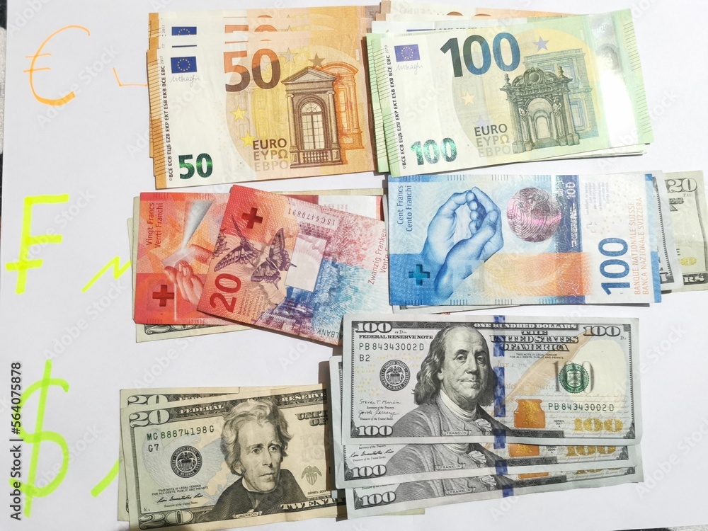 Paper Money. Banknotes of twenty, one hundred US Dollar and Switzerland Franc, fifty and hundred Euro Paper Money. Banknotes of twenty, one hundred US Dollar and Switzerland Franc, fifty and hundred Euro