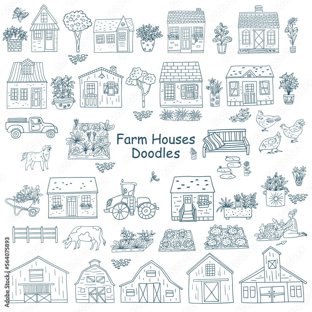 Farm houses and buildings doodle set collection, outline cartoon vector illustrations