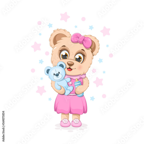 Cute cartoon bear with a soft toy teddy bear and baby bottle