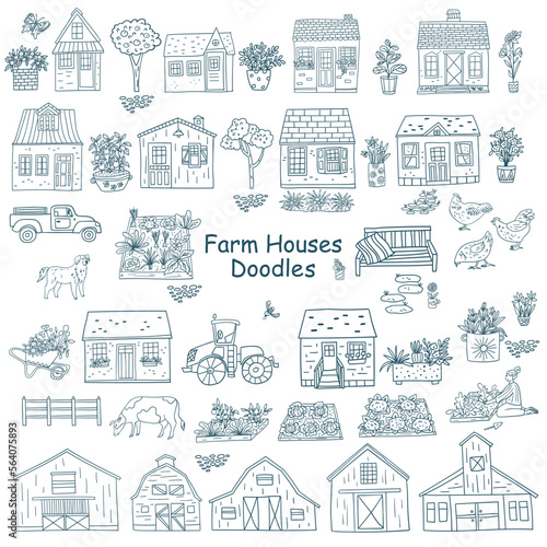 Farm houses and buildings doodle set collection, outline cartoon vector illustrations © Anna Ivanir