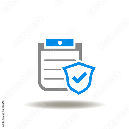 Vector illustration of clipboard and shield with check mark. Icon of policies. Symbol of policy management. Sign of regulation.