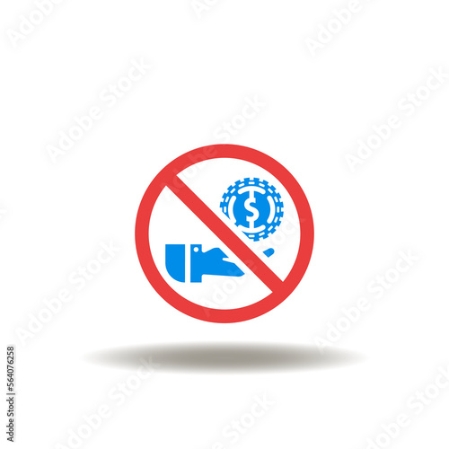 Vector illustration of stop sign and hand with dollar coin. Icon of stop corruption. Symbol of AML Anti-Money Laundering.