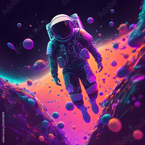 Astronaut In Space around Colorful Asteroids