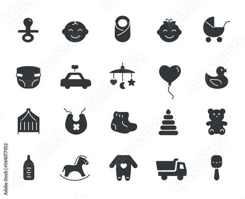 Child black icons set. Collection of graphic elements for website. Toys, diapers, rompers and stroller with bundle. Boy and girl. Cartoon flat vector illustrations isolated on white background