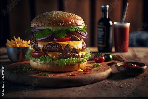 Beef cotlet burger with sauce on a wooden board photo