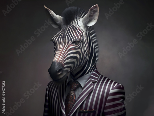Portrait of a zebra in a stylish business suit on the background of a big city. created by AI