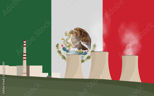 Nuclear power plant in Mexico. Electricity generation production. Power station on Mexico flag background. Nuclear power stations vector illustration