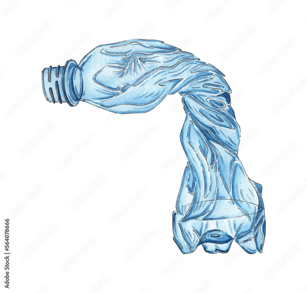 Naklejka premium Watercolor drawing of a blue crumpled plastic bottle. Realistic crumpled empty packaging. Garbage recycling concept, discarded garbage. Symbol of pollution and waste. Let's save the world from plastic