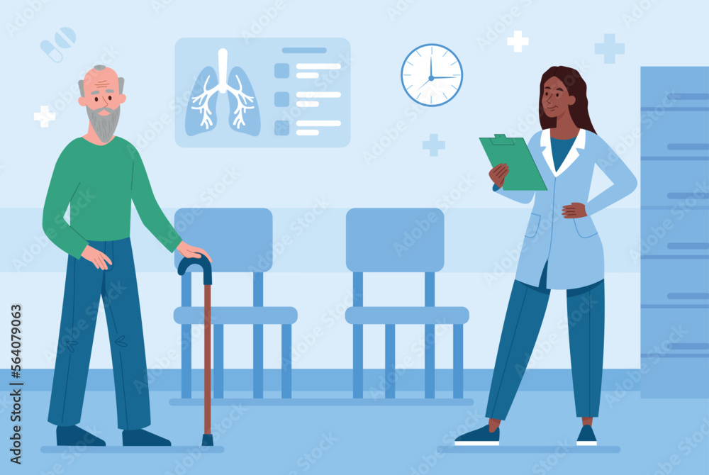 Doctors appointment concept. Grandfather with stick came to specialist, health care, help and support. Old man in hospital, regular visits. Diagnosis and treatment. Cartoon flat vector illustration