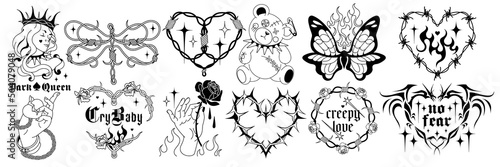 Emo gothic Tattoo art  vintage 90s  00 s silhouettes. Spike wire hearts  fire  flame  love art  heart in glam weird style. Mystic vector hand drawn tats. Y2k  black and white colors  goth stickers.