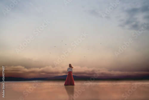 traveler woman looks in admiration at the fabulous sky in front of her, abstract concept