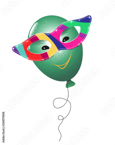 Luftballon mit bunte Masken Brille mit Glitzer und Gesicht,
Karte Vorlage für Partys,
Vektor Illustration isoliert auf weißem Hintergrund
