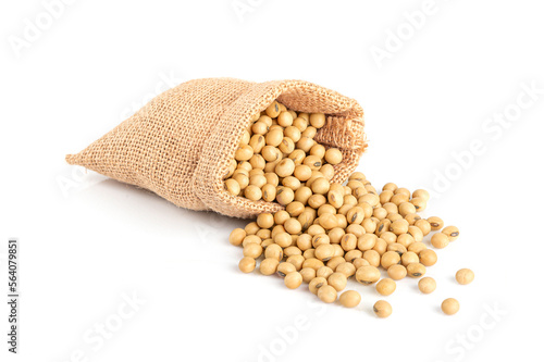 Soybeans in burlap sack isolated on white background.