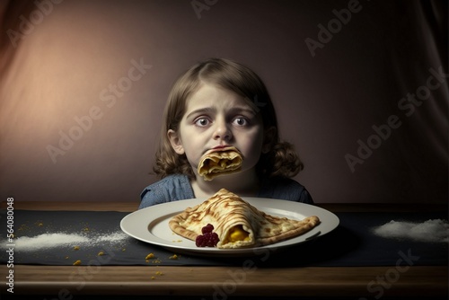 Fototapeta Funny girl too greedy to wait, mouth stuffed with French crepe Candlemas pancake