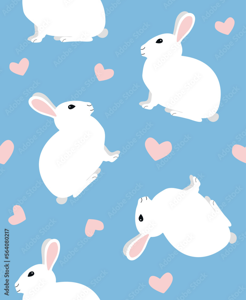 Vector seamless pattern of flat hand drawn rabbit bunny isolated on blue background