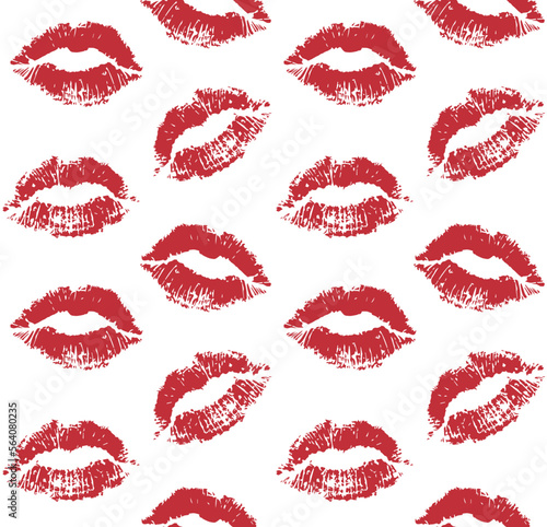 Vector seamless pattern of red lipstick lips kiss imprint isolated on white background