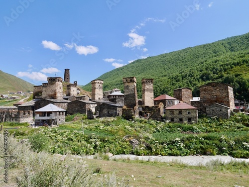 Panoramic view of Ushguli mountain village, Svaneti, Georgia.