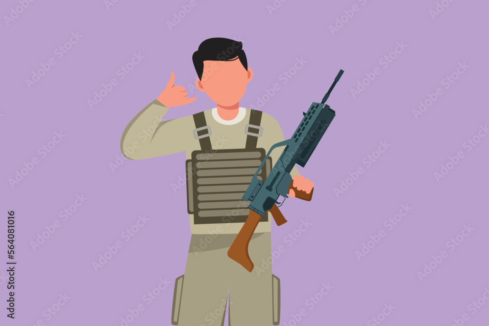 Defend Cartoon Drawing Cartoon flat style drawing male soldier in full uniforms, holding ...