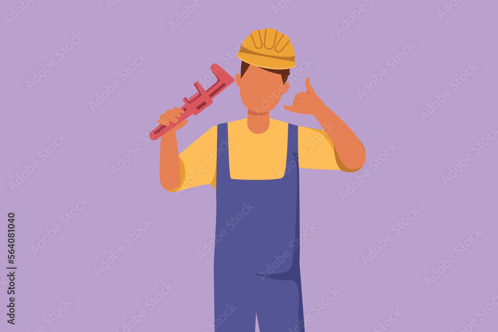 Character flat drawing male plumber holding monkey wrench and wear helmet with call me gesture, ready to work on repairing leaking drain in sink and houses drains. Cartoon design vector illustration