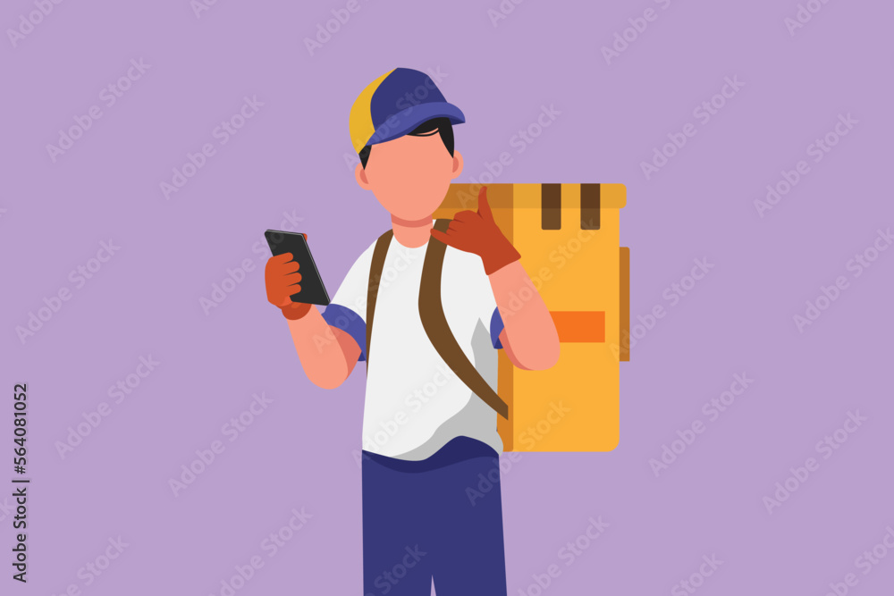 Cartoon flat style drawing deliveryman holding smartphone for finding address with call me gesture. Carry package box to be delivered to customer with best service. Graphic design vector illustration Cartoon flat style drawing deliveryman holding smartphone for finding address with call me gesture. Carry package box to be delivered to customer with best service. Graphic design vector illustration