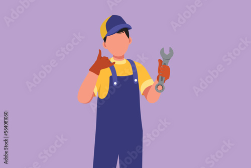 Graphic flat design drawing male mechanic holding wrench with call me gesture and ready to perform maintenance on vehicle engine or transportation. Garage business. Cartoon style vector illustration