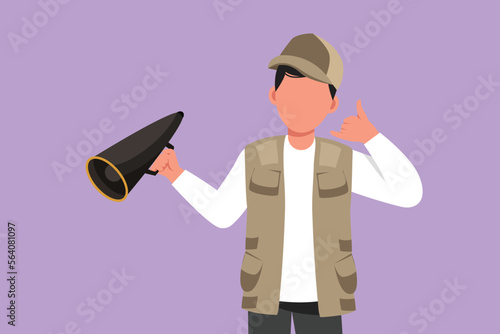 Cartoon flat style drawing active male film director holding megaphone with call me gesture, wear vest, cap while set film crew for shooting action movie in studio. Graphic design vector illustration