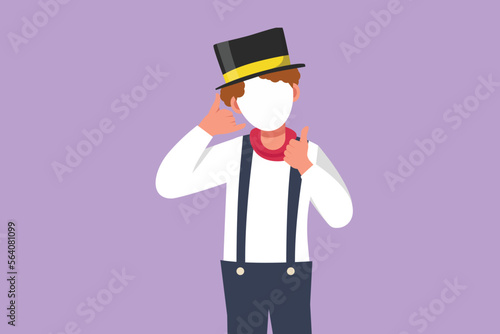 Character flat drawing male mime artist say hi with call me gesture and white face make up puts on silent motion comedy show at circus arena. Creative job industry. Cartoon design vector illustration