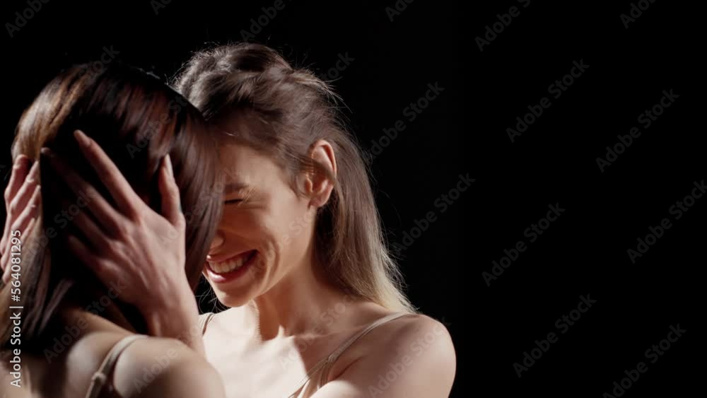 Happy confident women hugging on camera to promote body and skin diversity, advertising skincare and femininity campaign. Beautiful ladies feeling positive and flawless in studio. Happy confident women hugging on camera to promote body and skin diversity, advertising skincare and femininity campaign. Beautiful ladies feeling positive and flawless in studio.