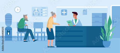 Hospital reception hall. Grandparents with stick communicate with specialist, patients and doctor. Health care and regular check ups. Poster or banner for website. Cartoon flat vector illustration