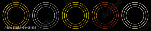 Gold, silver, bronze, copper, platinum metal rings on dark background. Thin circle frames as award badge, shiny button, first trophy, medal ellipse or border frame