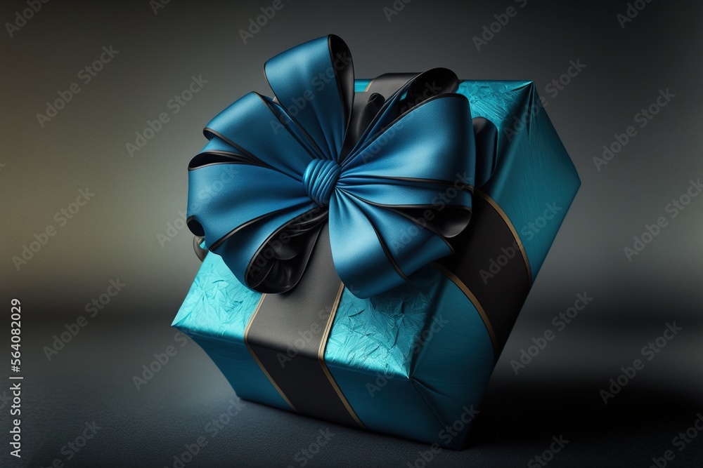 Beautiful blue and black gift box on black table against blurred festive lights Beautiful blue and black gift box on black table against blurred festive lights