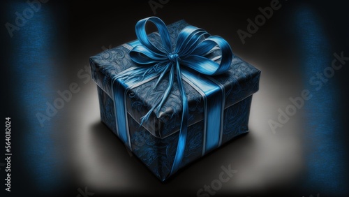 Beautiful blue and black gift box on black table against blurred festive lights