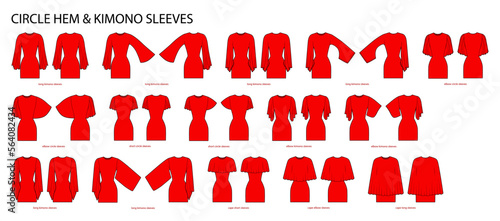 Set of circle hem and kimono sleeves short, elbow, 3-4 and long length clothes technical fashion illustration with fitted body. Flat apparel template front, back sides. Women, men unisex CAD mockup