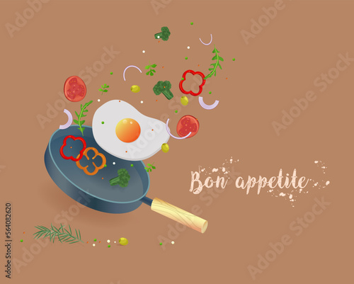 Flying frying pan with fried egg for breakfast with bon appetit vegetables