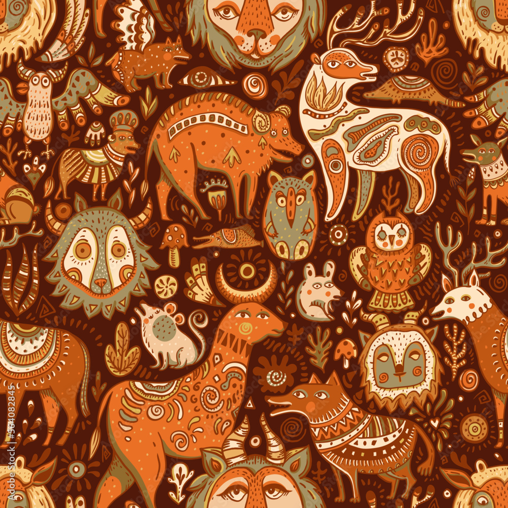 Doodle fantasy forest creatures seamless pattern, cute background
